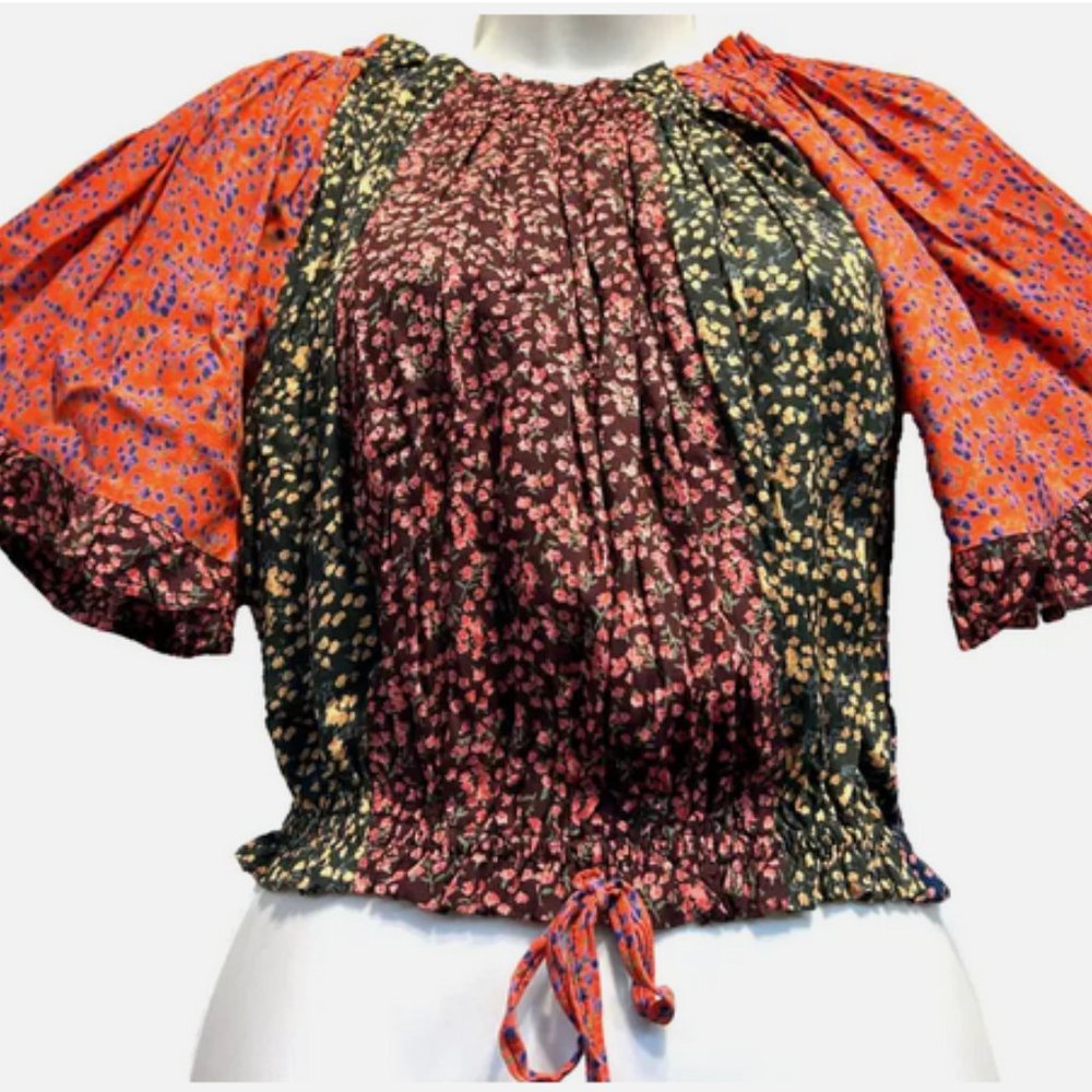 Nwt SACRED THREADS boho hippie floral patch smocked rayon crop TOP L